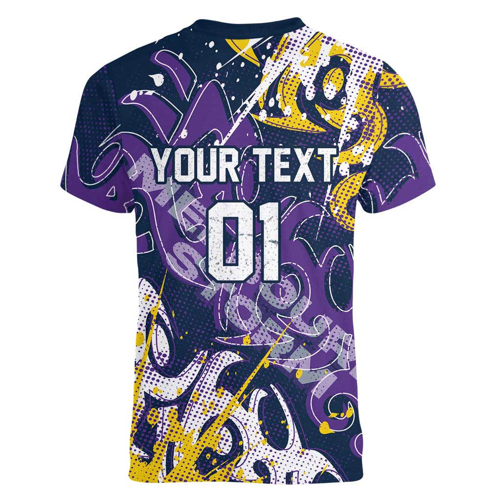 Personalized Melbourne Storm Rugby Women V-Neck T-Shirt Urban Street Graffiti Style - Distressed Splatter Elements