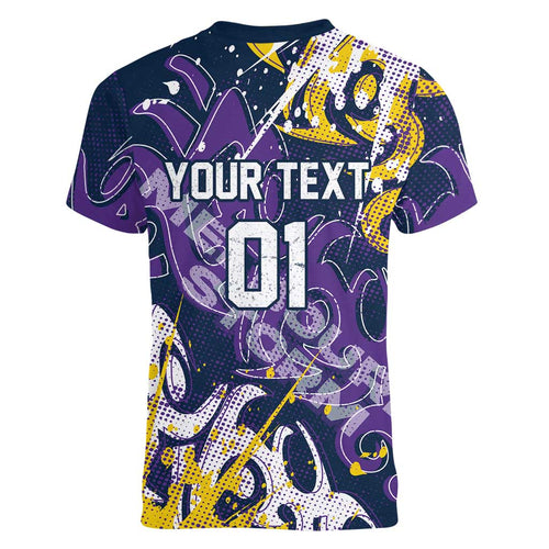 Personalized Melbourne Storm Rugby Women V-Neck T-Shirt Urban Street Graffiti Style - Distressed Splatter Elements