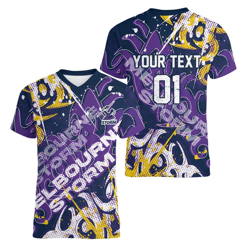 Personalized Melbourne Storm Rugby Women V-Neck T-Shirt Urban Street Graffiti Style - Distressed Splatter Elements