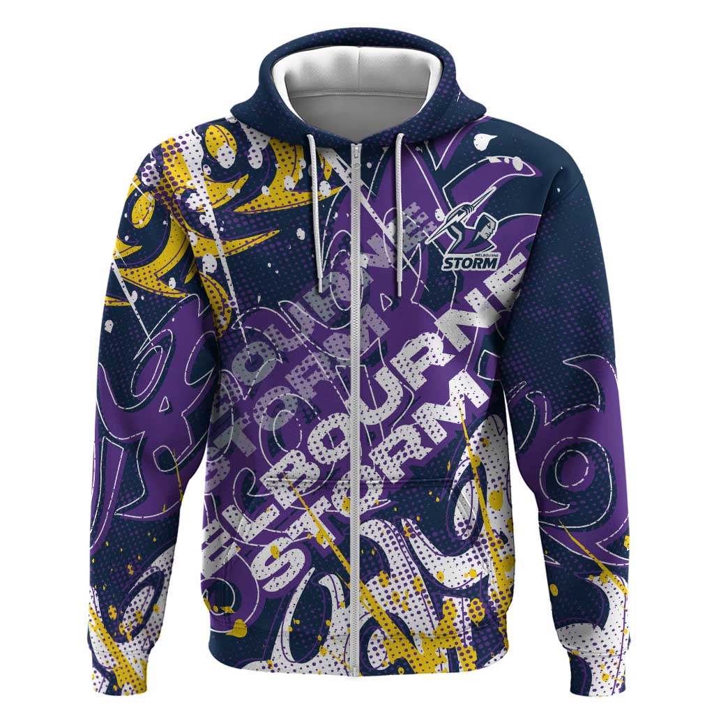 Personalized Melbourne Storm Rugby Zip Hoodie Urban Street Graffiti Style - Distressed Splatter Elements