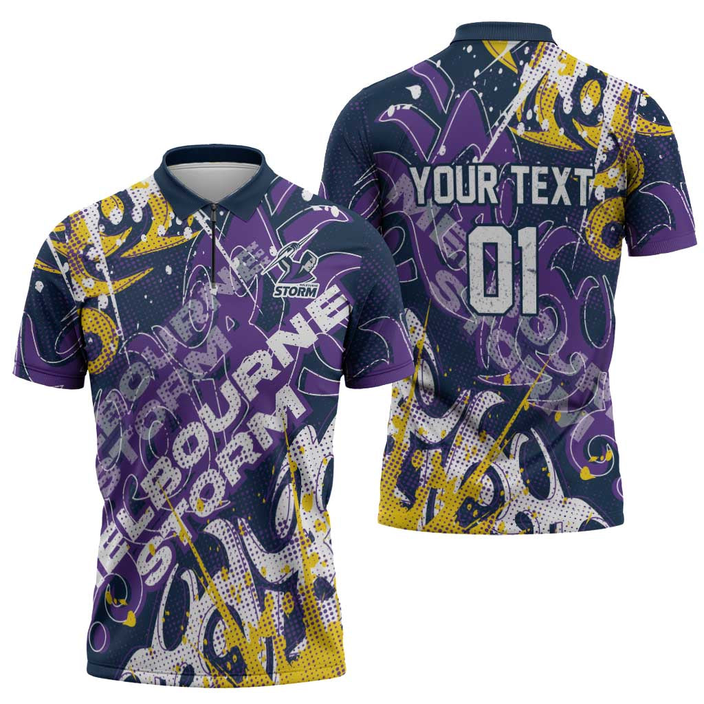 Personalized Melbourne Storm Rugby Zipper Polo Shirt Urban Street Graffiti Style - Distressed Splatter Elements