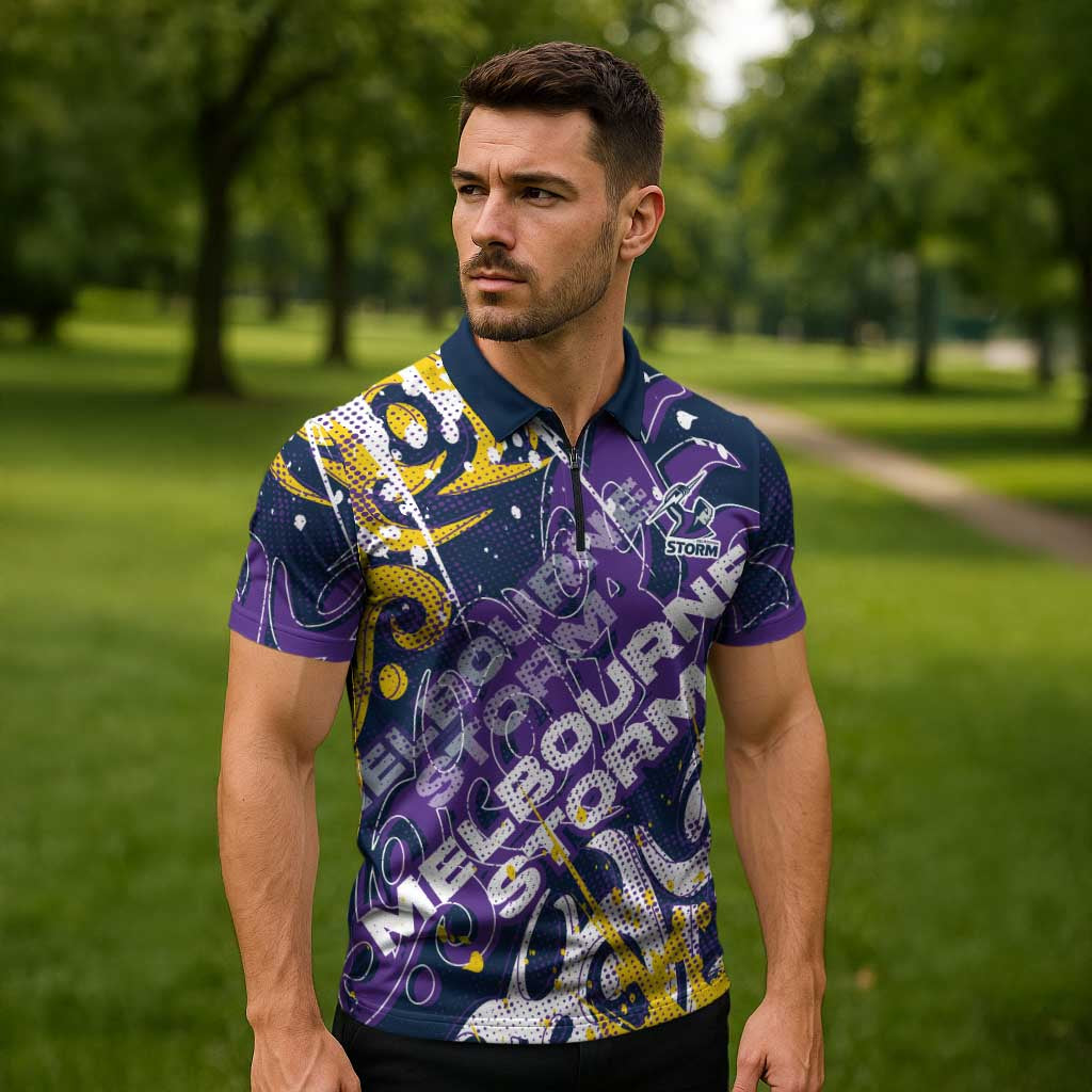 Personalized Melbourne Storm Rugby Zipper Polo Shirt Urban Street Graffiti Style - Distressed Splatter Elements