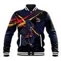 Adelaide Football Club Baseball Jacket Crows Muscular Mascot Graphic - Abstract Paint Splatter Art