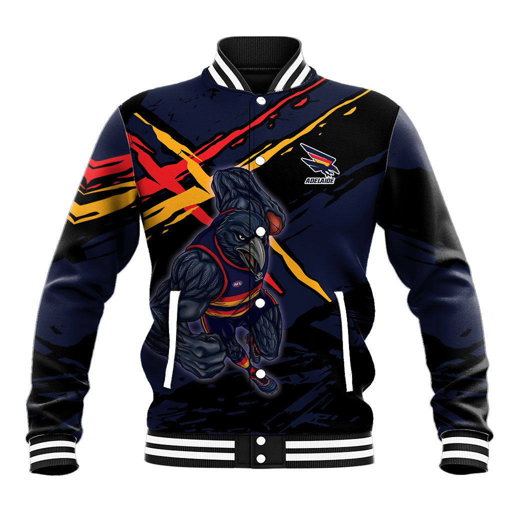 Adelaide Football Club Baseball Jacket Crows Muscular Mascot Graphic - Abstract Paint Splatter Art