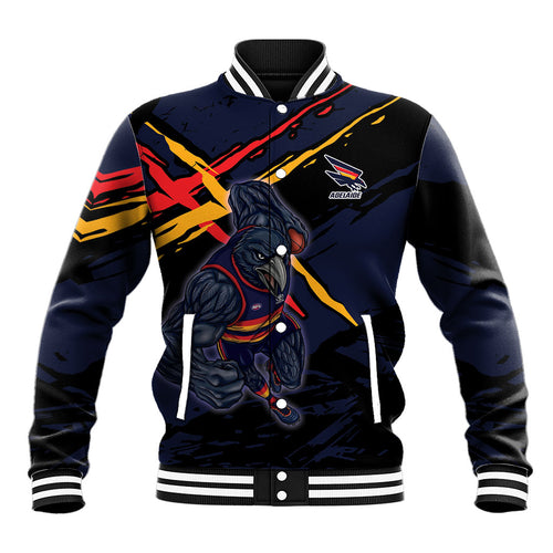 Adelaide Football Club Baseball Jacket Crows Muscular Mascot Graphic - Abstract Paint Splatter Art