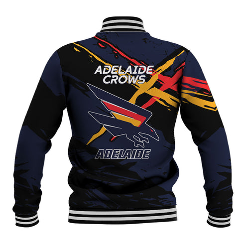 Adelaide Football Club Baseball Jacket Crows Muscular Mascot Graphic - Abstract Paint Splatter Art