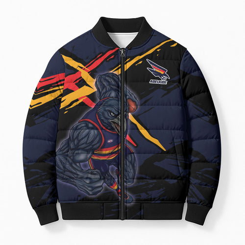 Adelaide Football Club Bomber Puffer Jacket Crows Muscular Mascot Graphic - Abstract Paint Splatter Art