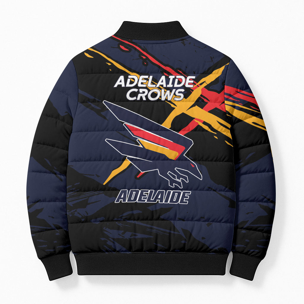 Adelaide Football Club Bomber Puffer Jacket Crows Muscular Mascot Graphic - Abstract Paint Splatter Art