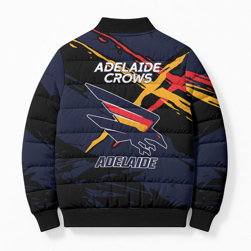 Adelaide Football Club Bomber Puffer Jacket Crows Muscular Mascot Graphic - Abstract Paint Splatter Art