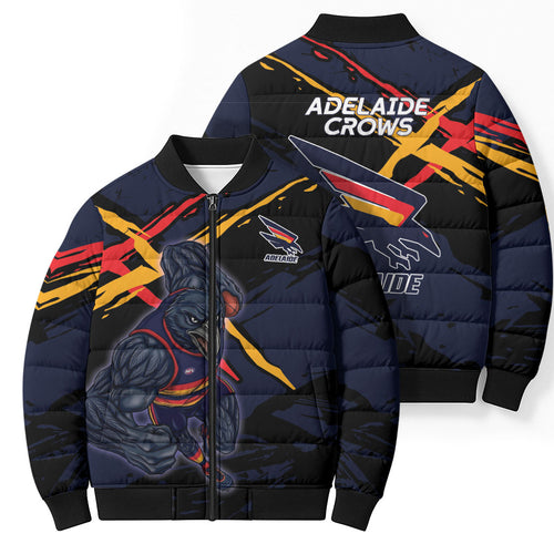 Adelaide Football Club Bomber Puffer Jacket Crows Muscular Mascot Graphic - Abstract Paint Splatter Art