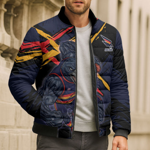 Adelaide Football Club Bomber Puffer Jacket Crows Muscular Mascot Graphic - Abstract Paint Splatter Art
