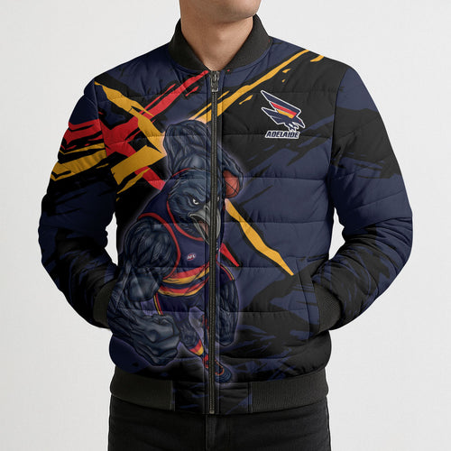 Adelaide Football Club Bomber Puffer Jacket Crows Muscular Mascot Graphic - Abstract Paint Splatter Art