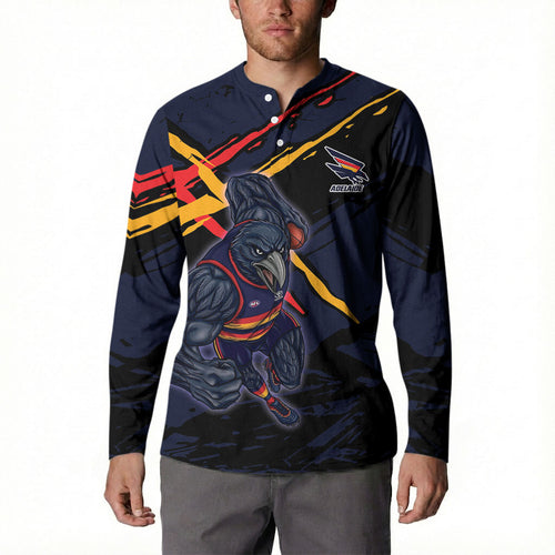 Adelaide Football Club Button Sweatshirt Crows Muscular Mascot Graphic - Abstract Paint Splatter Art