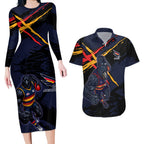 Adelaide Football Club Couples Matching Long Sleeve Bodycon Dress and Hawaiian Shirt Crows Muscular Mascot Graphic - Abstract Paint Splatter Art