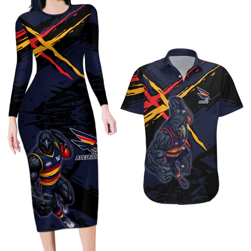 Adelaide Football Club Couples Matching Long Sleeve Bodycon Dress and Hawaiian Shirt Crows Muscular Mascot Graphic - Abstract Paint Splatter Art