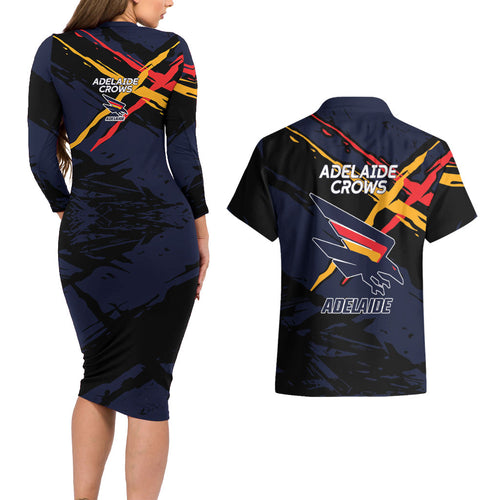 Adelaide Football Club Couples Matching Long Sleeve Bodycon Dress and Hawaiian Shirt Crows Muscular Mascot Graphic - Abstract Paint Splatter Art