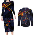 Adelaide Football Club Couples Matching Long Sleeve Bodycon Dress and Long Sleeve Button Shirt Crows Muscular Mascot Graphic - Abstract Paint Splatter Art