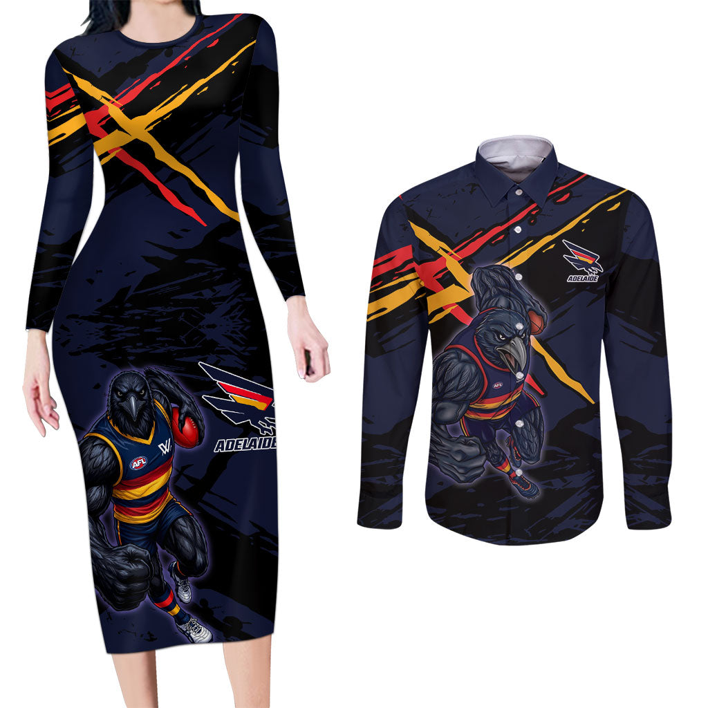 Adelaide Football Club Couples Matching Long Sleeve Bodycon Dress and Long Sleeve Button Shirt Crows Muscular Mascot Graphic - Abstract Paint Splatter Art