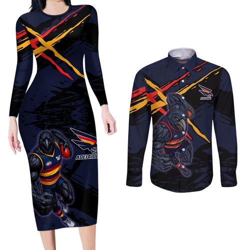 Adelaide Football Club Couples Matching Long Sleeve Bodycon Dress and Long Sleeve Button Shirt Crows Muscular Mascot Graphic - Abstract Paint Splatter Art