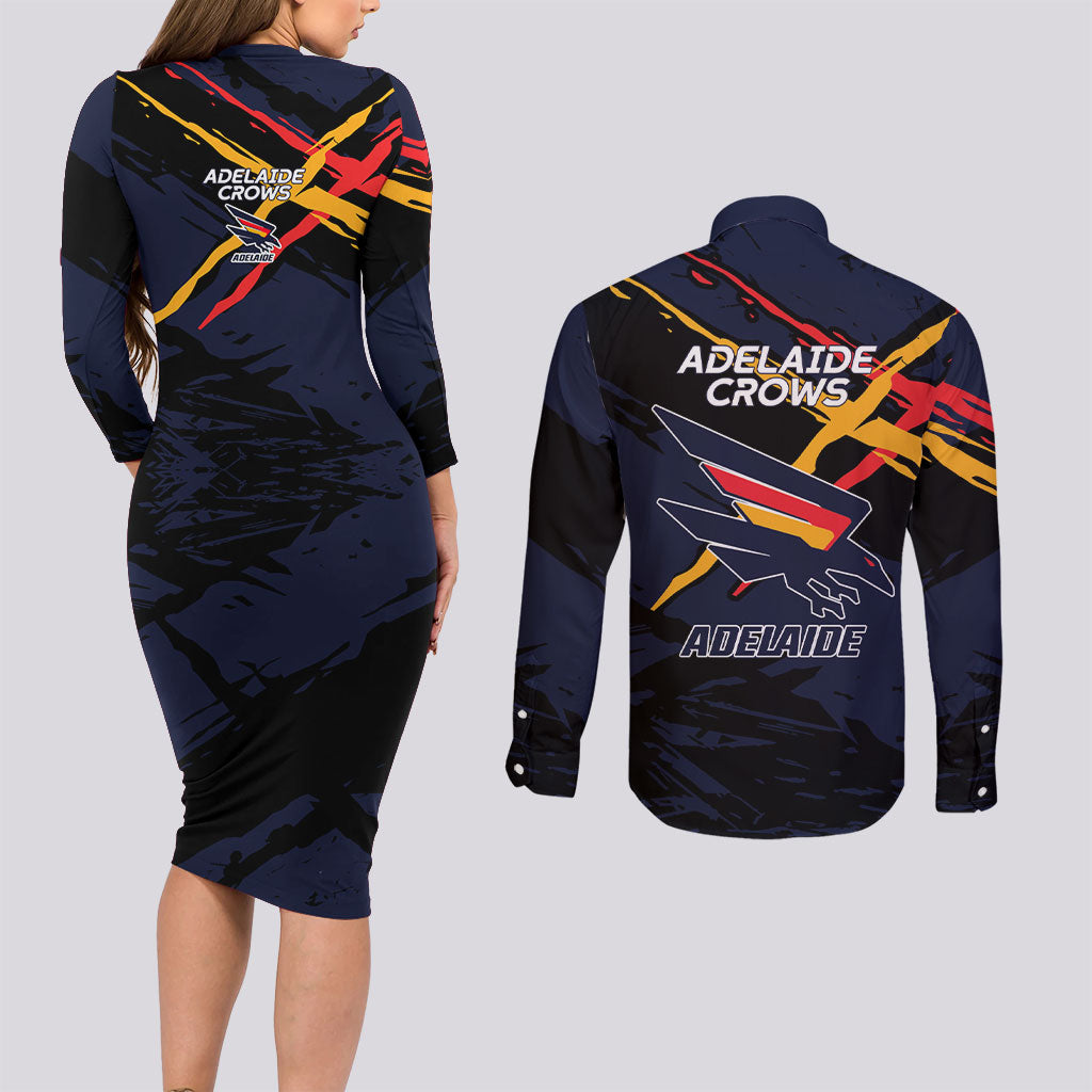Adelaide Football Club Couples Matching Long Sleeve Bodycon Dress and Long Sleeve Button Shirt Crows Muscular Mascot Graphic - Abstract Paint Splatter Art
