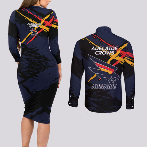 Adelaide Football Club Couples Matching Long Sleeve Bodycon Dress and Long Sleeve Button Shirt Crows Muscular Mascot Graphic - Abstract Paint Splatter Art