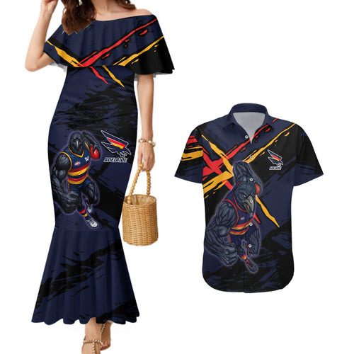 Adelaide Football Club Couples Matching Mermaid Dress and Hawaiian Shirt Crows Muscular Mascot Graphic - Abstract Paint Splatter Art