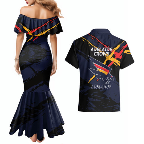 Adelaide Football Club Couples Matching Mermaid Dress and Hawaiian Shirt Crows Muscular Mascot Graphic - Abstract Paint Splatter Art