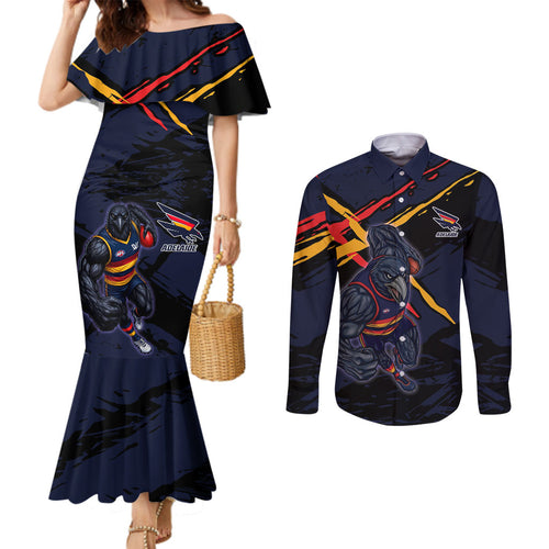 Adelaide Football Club Couples Matching Mermaid Dress and Long Sleeve Button Shirt Crows Muscular Mascot Graphic - Abstract Paint Splatter Art
