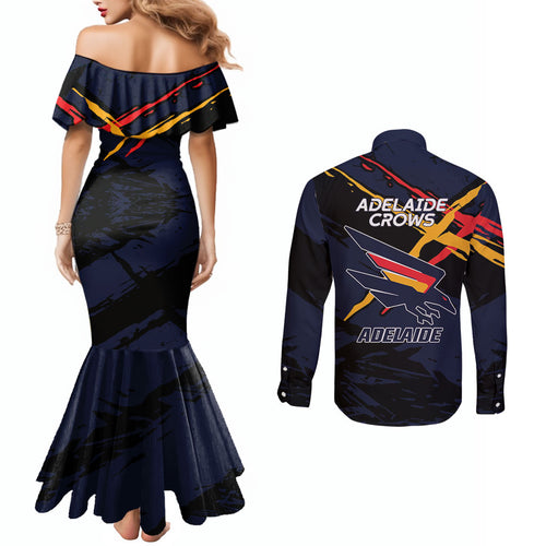 Adelaide Football Club Couples Matching Mermaid Dress and Long Sleeve Button Shirt Crows Muscular Mascot Graphic - Abstract Paint Splatter Art