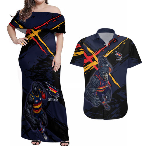 Adelaide Football Club Couples Matching Off Shoulder Maxi Dress and Hawaiian Shirt Crows Muscular Mascot Graphic - Abstract Paint Splatter Art