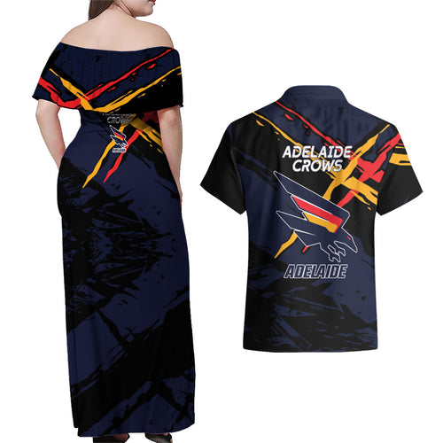 Adelaide Football Club Couples Matching Off Shoulder Maxi Dress and Hawaiian Shirt Crows Muscular Mascot Graphic - Abstract Paint Splatter Art