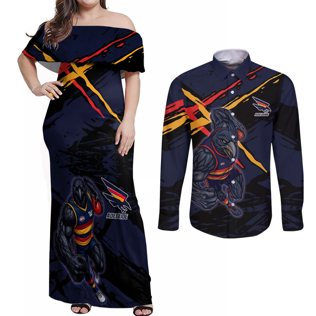 Adelaide Football Club Couples Matching Off Shoulder Maxi Dress and Long Sleeve Button Shirt Crows Muscular Mascot Graphic - Abstract Paint Splatter Art