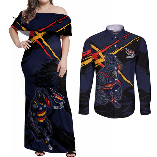 Adelaide Football Club Couples Matching Off Shoulder Maxi Dress and Long Sleeve Button Shirt Crows Muscular Mascot Graphic - Abstract Paint Splatter Art