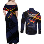Adelaide Football Club Couples Matching Off Shoulder Maxi Dress and Long Sleeve Button Shirt Crows Muscular Mascot Graphic - Abstract Paint Splatter Art