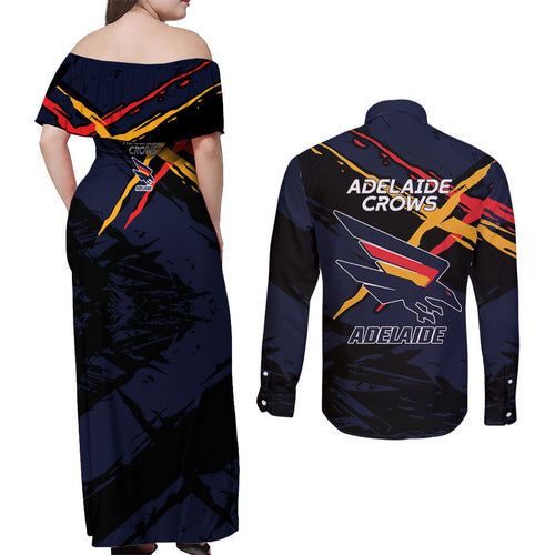 Adelaide Football Club Couples Matching Off Shoulder Maxi Dress and Long Sleeve Button Shirt Crows Muscular Mascot Graphic - Abstract Paint Splatter Art
