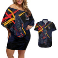 Adelaide Football Club Couples Matching Off Shoulder Short Dress and Hawaiian Shirt Crows Muscular Mascot Graphic - Abstract Paint Splatter Art