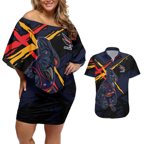 Adelaide Football Club Couples Matching Off Shoulder Short Dress and Hawaiian Shirt Crows Muscular Mascot Graphic - Abstract Paint Splatter Art