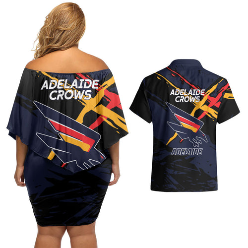 Adelaide Football Club Couples Matching Off Shoulder Short Dress and Hawaiian Shirt Crows Muscular Mascot Graphic - Abstract Paint Splatter Art