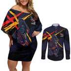 Adelaide Football Club Couples Matching Off Shoulder Short Dress and Long Sleeve Button Shirt Crows Muscular Mascot Graphic - Abstract Paint Splatter Art