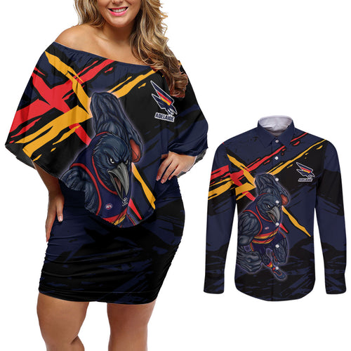 Adelaide Football Club Couples Matching Off Shoulder Short Dress and Long Sleeve Button Shirt Crows Muscular Mascot Graphic - Abstract Paint Splatter Art