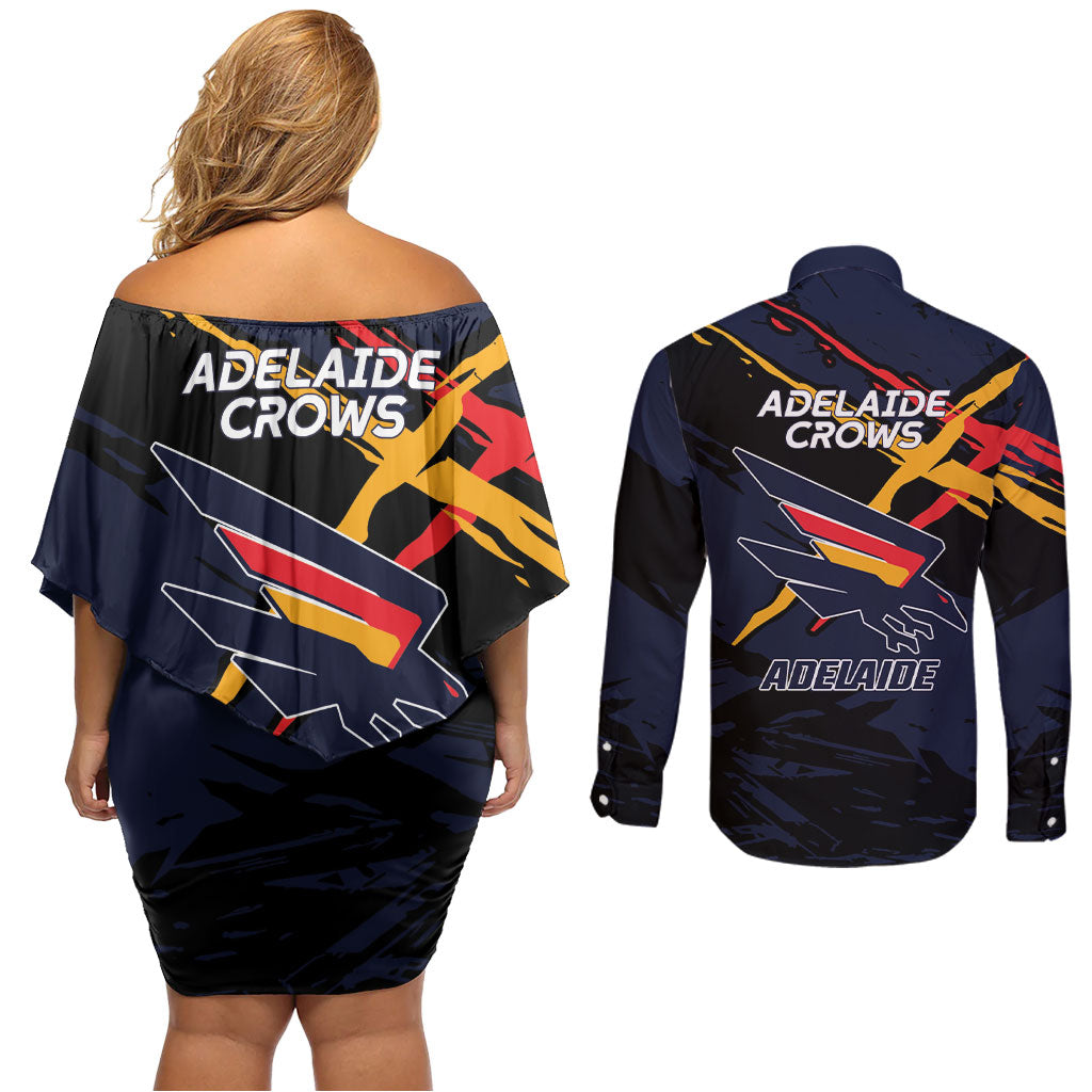 Adelaide Football Club Couples Matching Off Shoulder Short Dress and Long Sleeve Button Shirt Crows Muscular Mascot Graphic - Abstract Paint Splatter Art