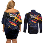 Adelaide Football Club Couples Matching Off Shoulder Short Dress and Long Sleeve Button Shirt Crows Muscular Mascot Graphic - Abstract Paint Splatter Art