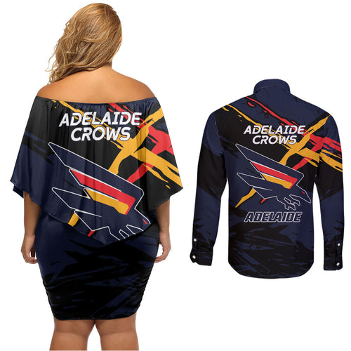 Adelaide Football Club Couples Matching Off Shoulder Short Dress and Long Sleeve Button Shirt Crows Muscular Mascot Graphic - Abstract Paint Splatter Art