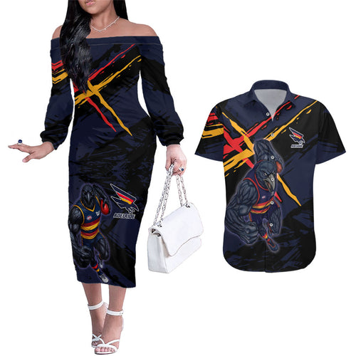 Adelaide Football Club Couples Matching Off The Shoulder Long Sleeve Dress and Hawaiian Shirt Crows Muscular Mascot Graphic - Abstract Paint Splatter Art