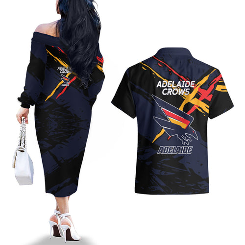 Adelaide Football Club Couples Matching Off The Shoulder Long Sleeve Dress and Hawaiian Shirt Crows Muscular Mascot Graphic - Abstract Paint Splatter Art