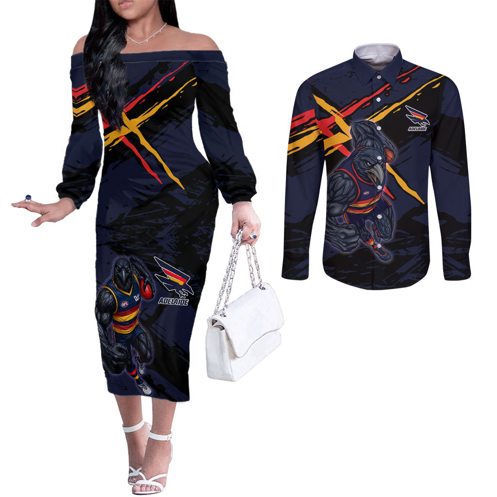 Adelaide Football Club Couples Matching Off The Shoulder Long Sleeve Dress and Long Sleeve Button Shirt Crows Muscular Mascot Graphic - Abstract Paint Splatter Art