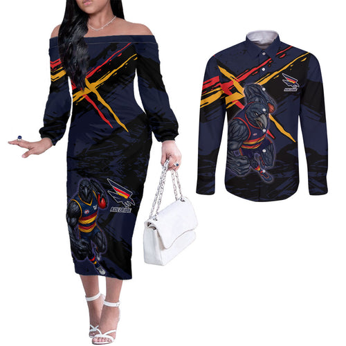 Adelaide Football Club Couples Matching Off The Shoulder Long Sleeve Dress and Long Sleeve Button Shirt Crows Muscular Mascot Graphic - Abstract Paint Splatter Art