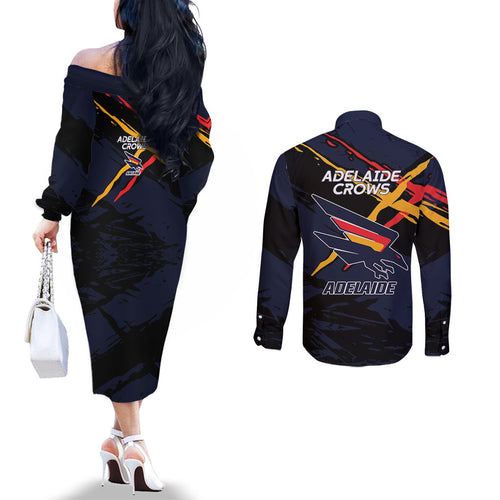 Adelaide Football Club Couples Matching Off The Shoulder Long Sleeve Dress and Long Sleeve Button Shirt Crows Muscular Mascot Graphic - Abstract Paint Splatter Art