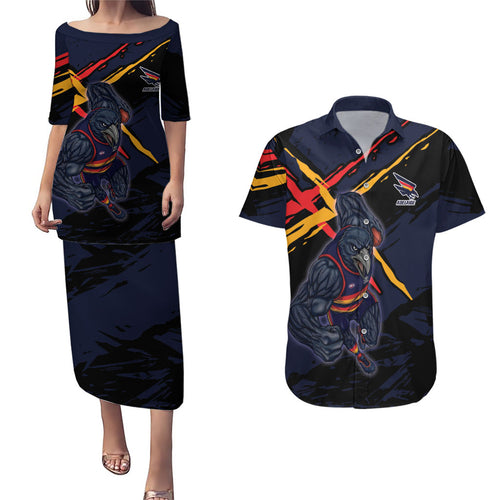 Adelaide Football Club Couples Matching Puletasi and Hawaiian Shirt Crows Muscular Mascot Graphic - Abstract Paint Splatter Art
