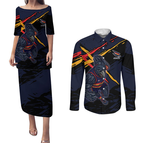 Adelaide Football Club Couples Matching Puletasi and Long Sleeve Button Shirt Crows Muscular Mascot Graphic - Abstract Paint Splatter Art